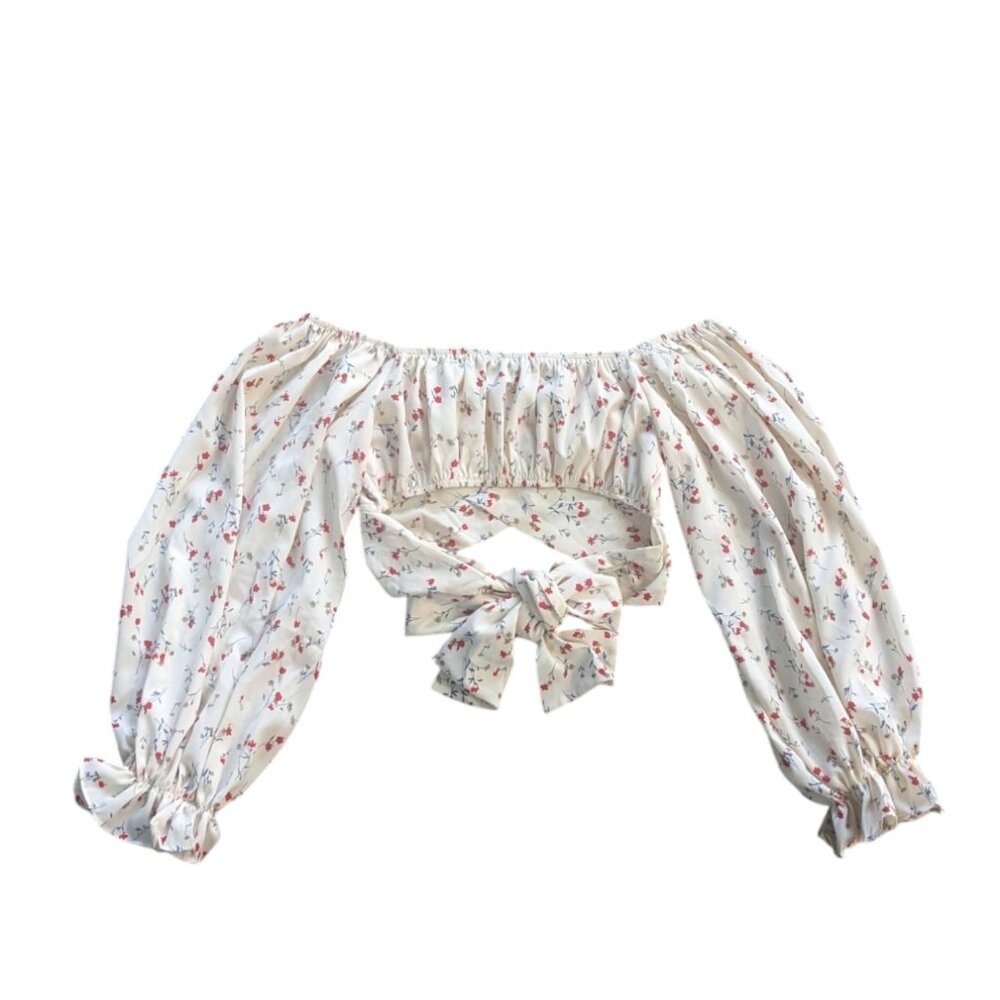 Sz6 Beginning Boutique Blouse Cropped Balloon Sleeves Off Shoulder Floral White